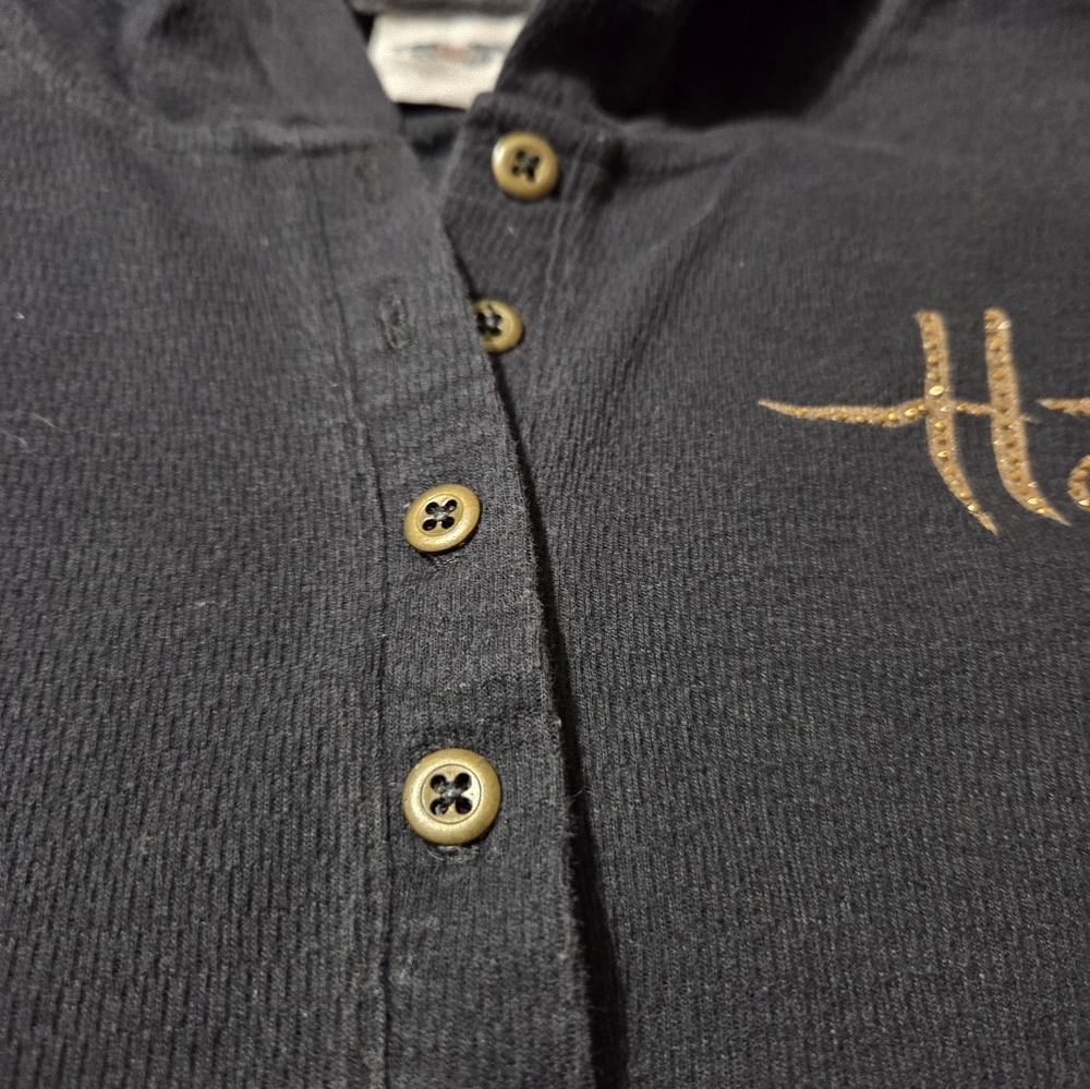 Black Button-Up Womens Thermal Hoodie Shirt with Gold Embroidery 110th !